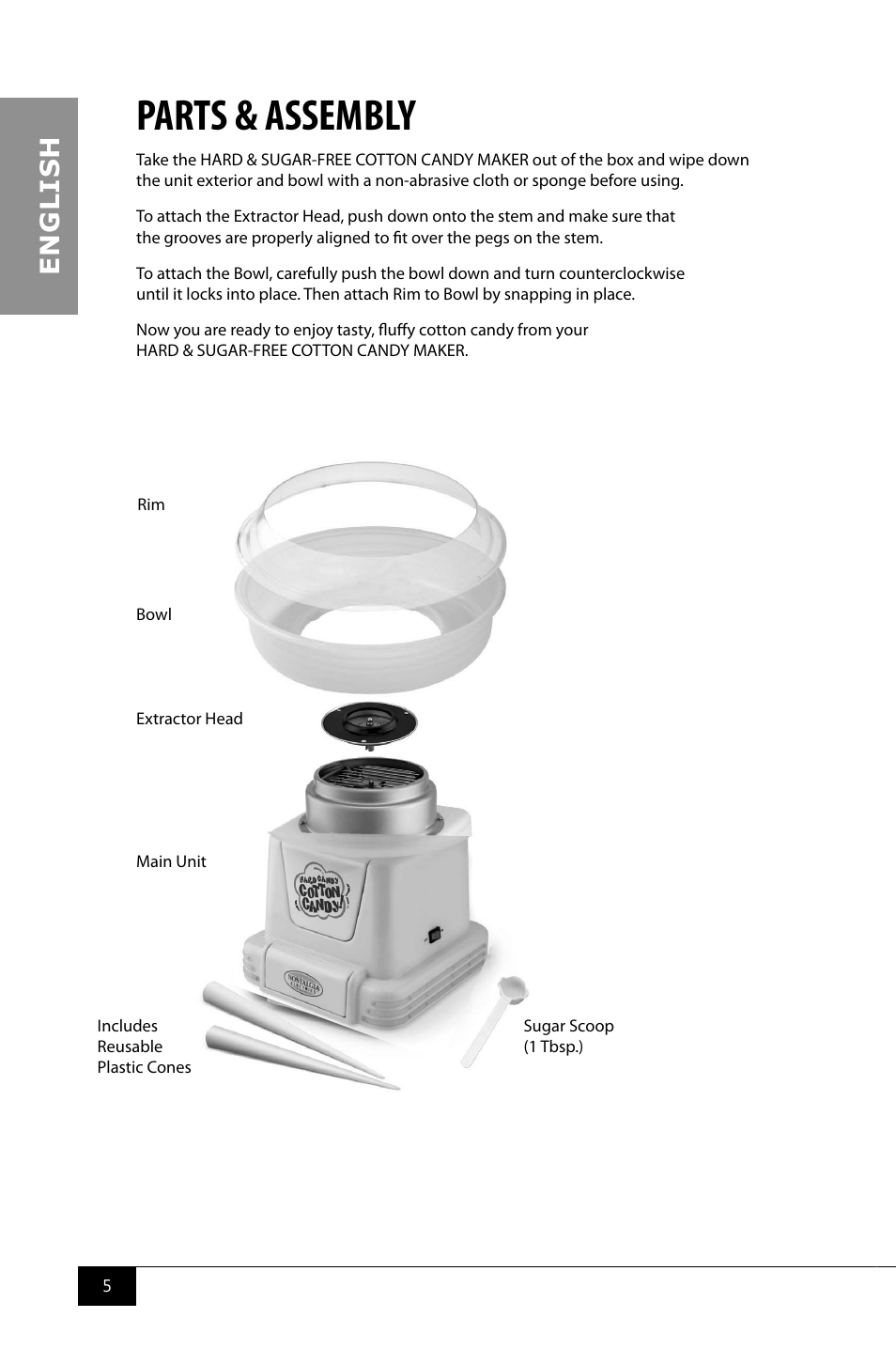 Parts & assembly, En g li s h | Nostalgia Electrics PCM805 User Manual | Page 7 / 28