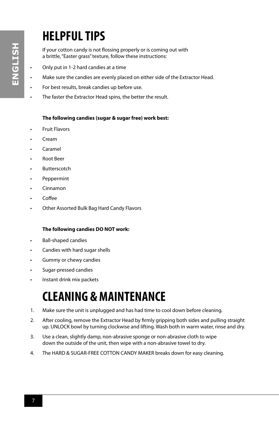 Helpful tips, Cleaning & maintenance, En g li s h | Nostalgia Electrics PCM805 User Manual | Page 9 / 28