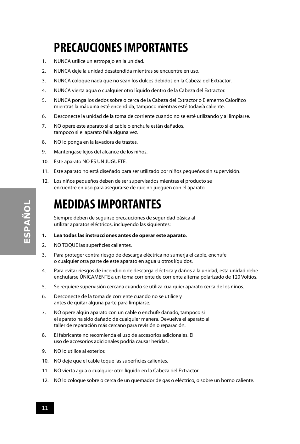 Precauciones importantes, Medidas importantes | Nostalgia Electrics PCM405 SERIES User Manual | Page 13 / 28