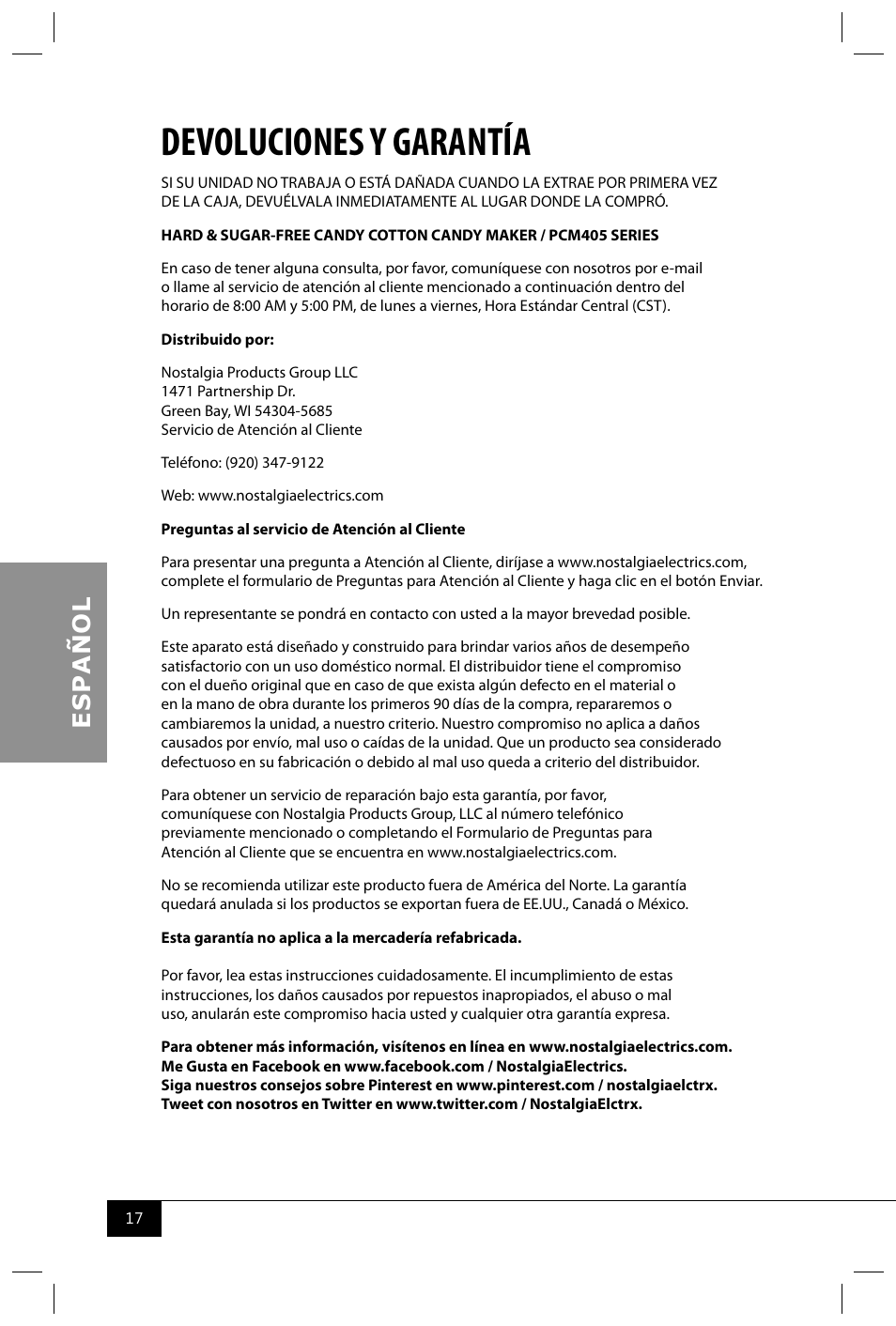 Devoluciones y garantía | Nostalgia Electrics PCM405 SERIES User Manual | Page 19 / 28