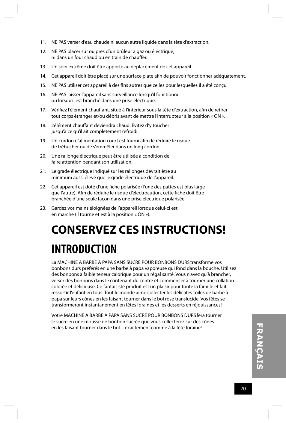 Introduction, Conservez ces instructions | Nostalgia Electrics PCM405 SERIES User Manual | Page 22 / 28