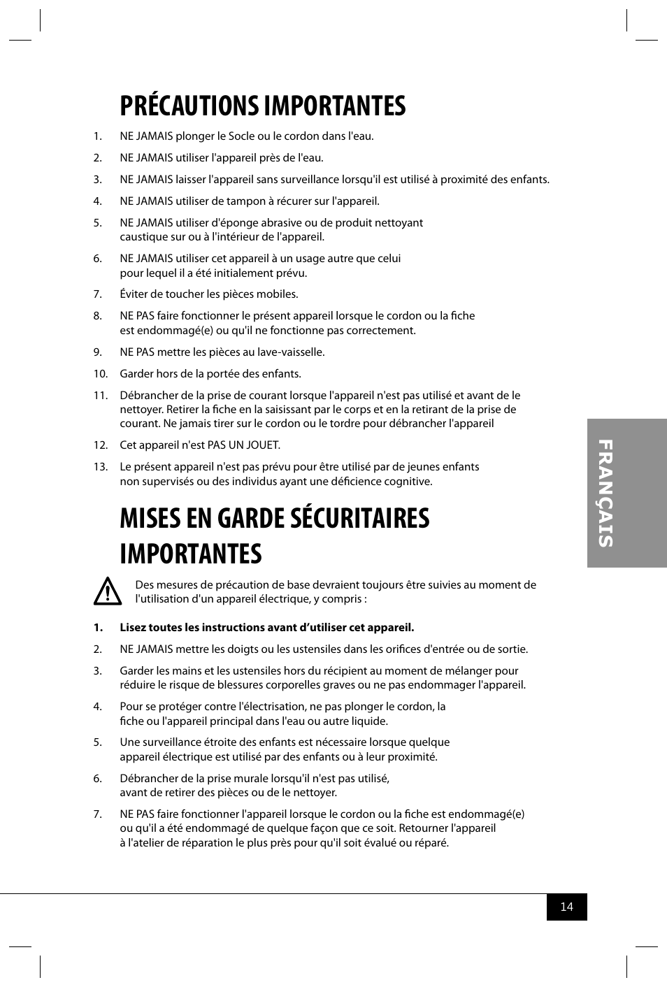 Précautions importantes, Mises en garde sécuritaires importantes | Nostalgia Electrics MSB600 SERIES User Manual | Page 16 / 37