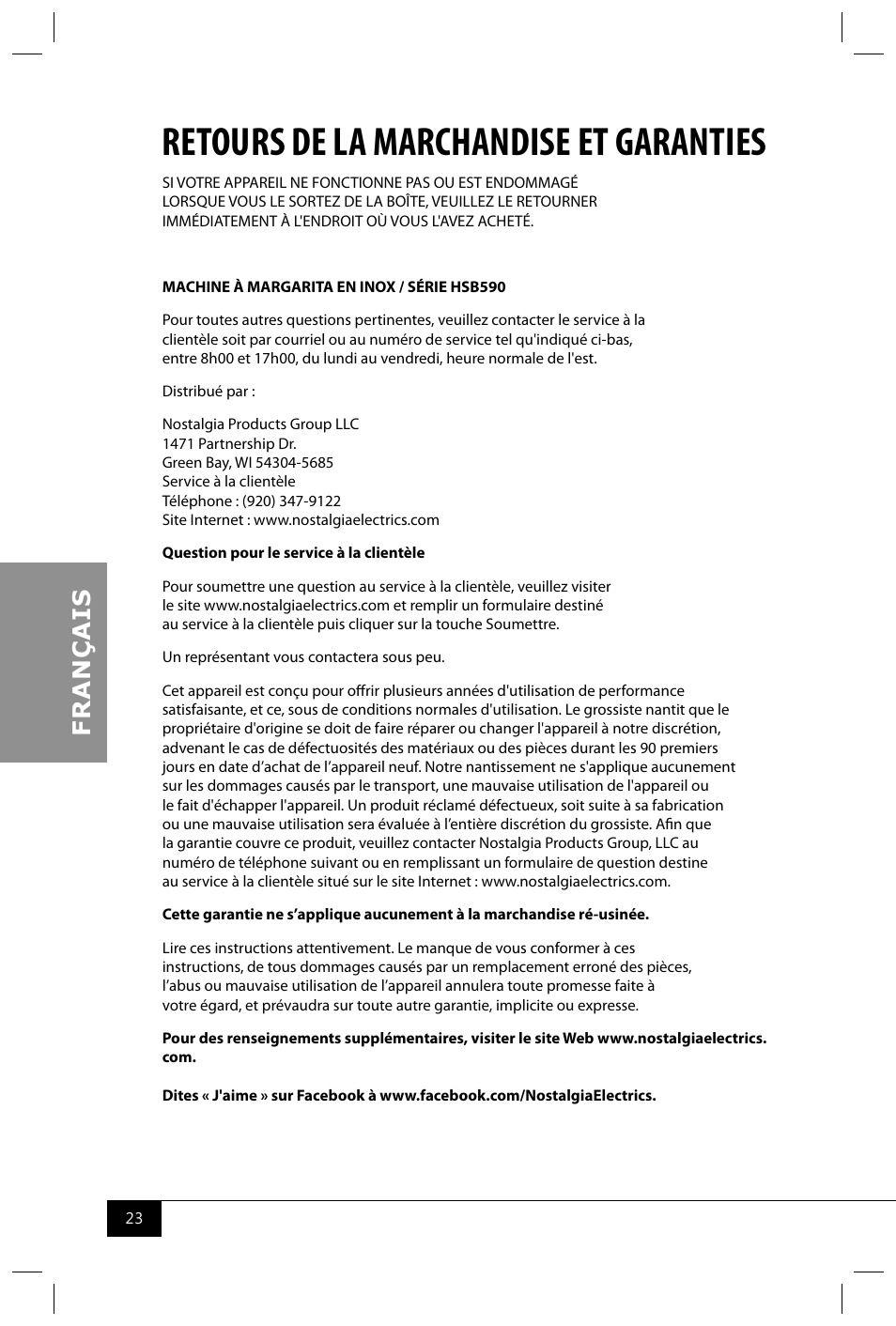Retours de la marchandise et garanties | Nostalgia Electrics MSB600 SERIES User Manual | Page 25 / 37