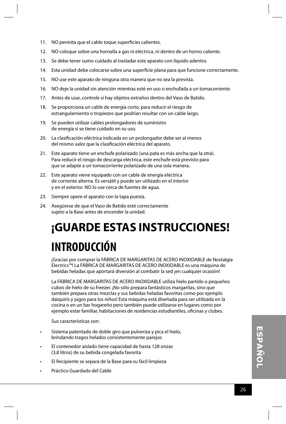 Introducción, Guarde estas instrucciones | Nostalgia Electrics MSB600 SERIES User Manual | Page 28 / 37