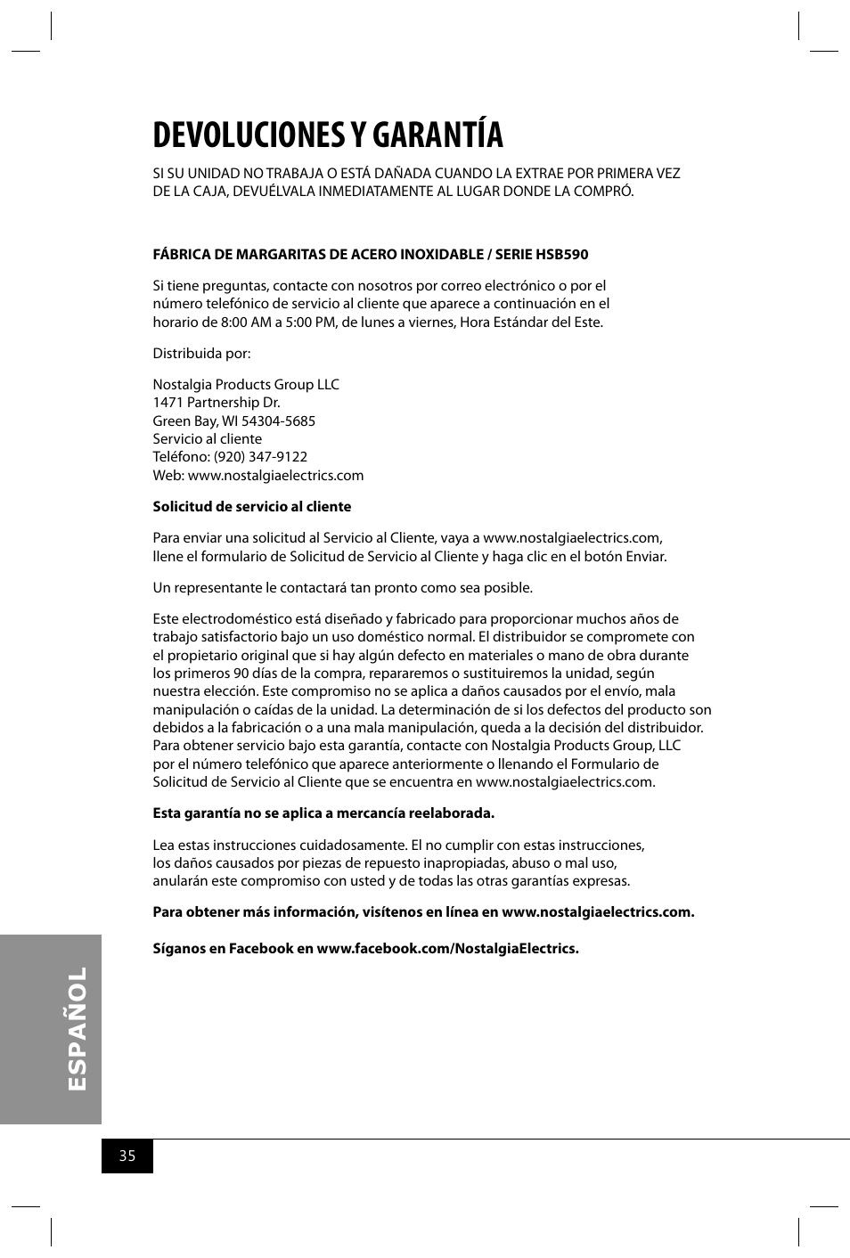 Devoluciones y garantía | Nostalgia Electrics MSB600 SERIES User Manual | Page 37 / 37