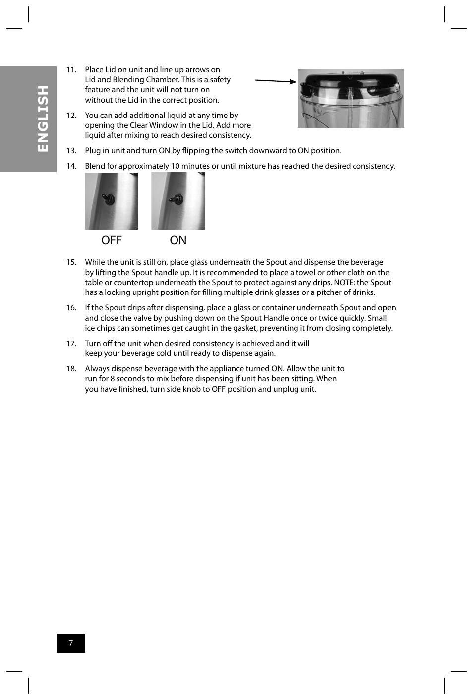 En g li s h, Off on | Nostalgia Electrics MSB600 SERIES User Manual | Page 9 / 37