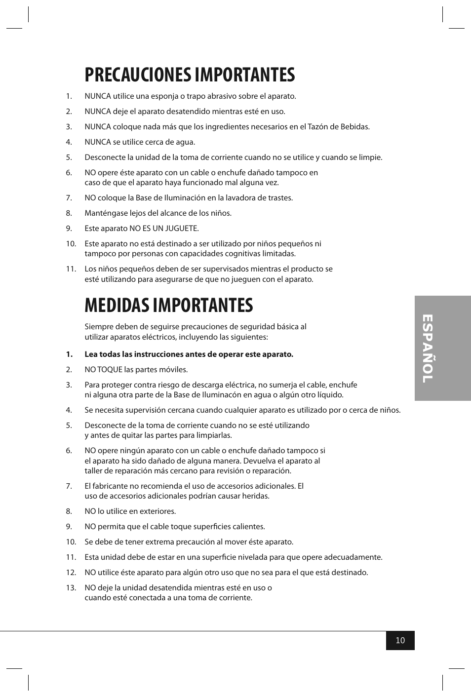 Precauciones importantes, Medidas importantes | Nostalgia Electrics LPF210 User Manual | Page 12 / 26