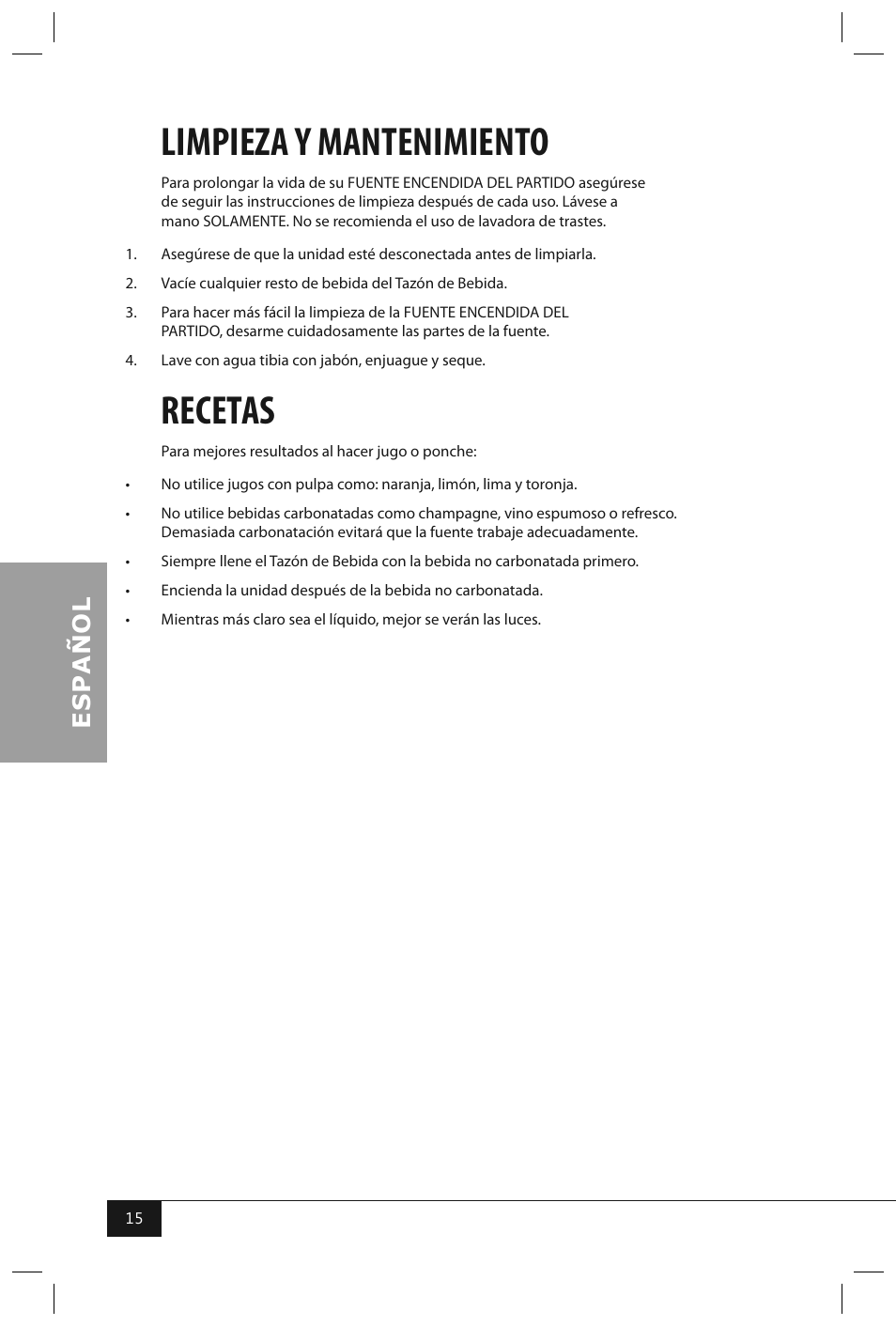 Limpieza y mantenimiento, Recetas | Nostalgia Electrics LPF210 User Manual | Page 17 / 26