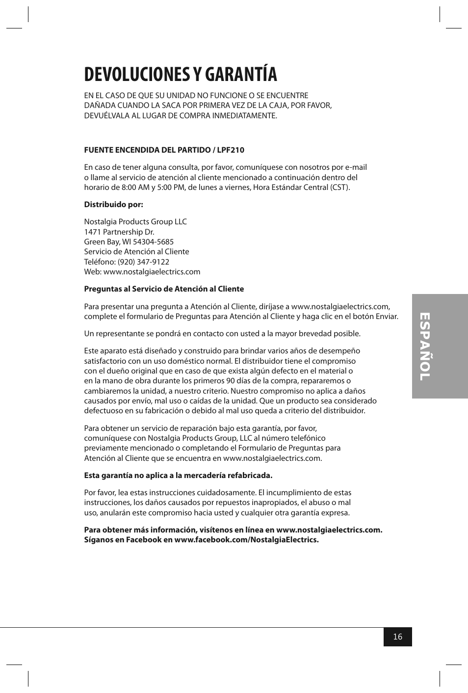 Devoluciones y garantía | Nostalgia Electrics LPF210 User Manual | Page 18 / 26