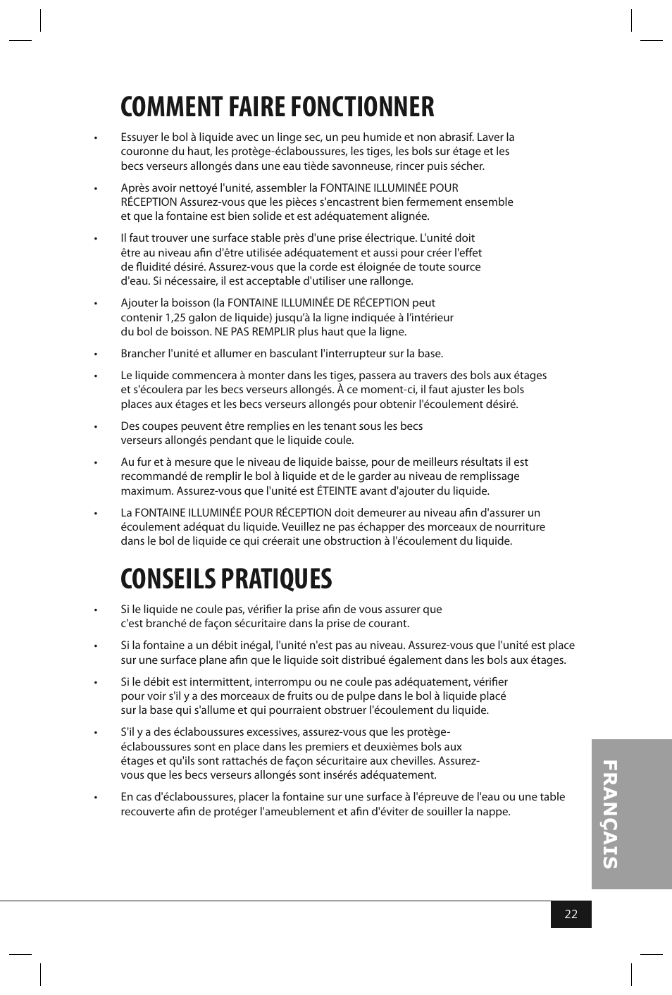 Comment faire fonctionner, Conseils pratiques | Nostalgia Electrics LPF210 User Manual | Page 24 / 26