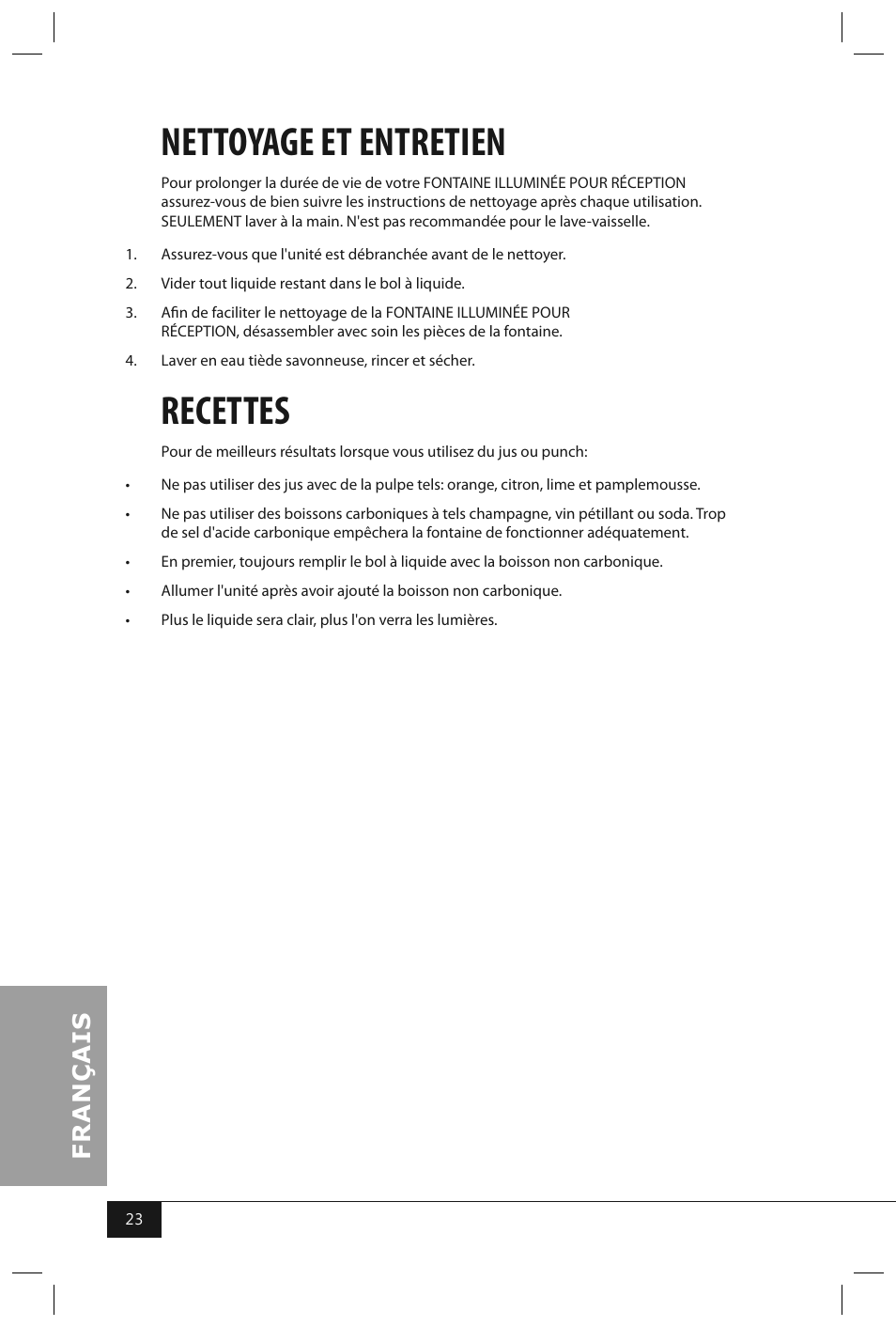 Nettoyage et entretien, Recettes | Nostalgia Electrics LPF210 User Manual | Page 25 / 26