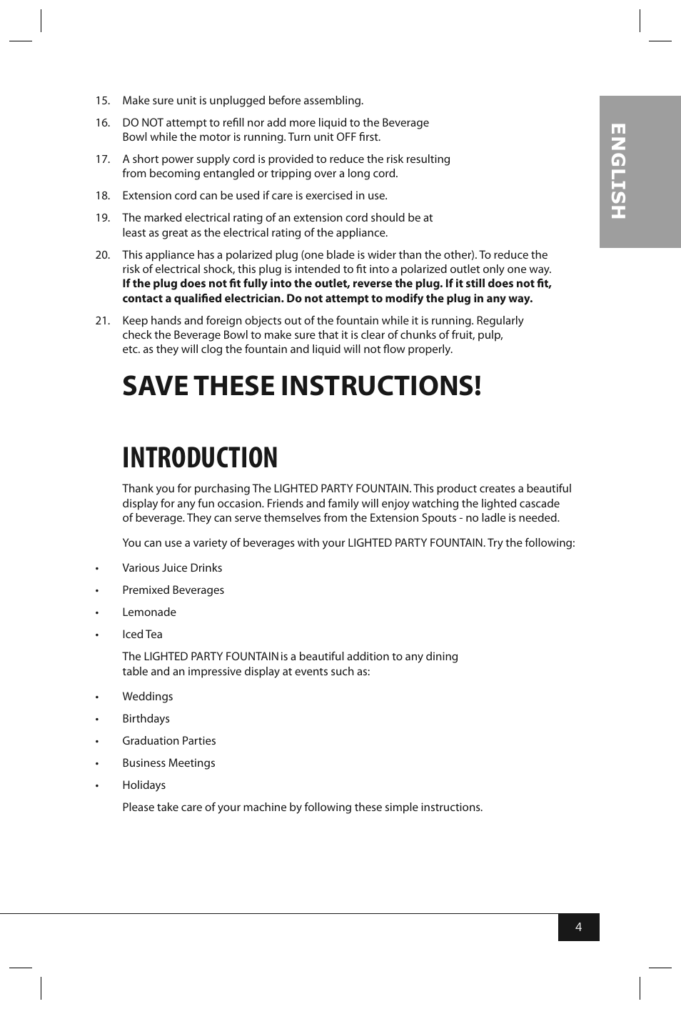 Introduction, Save these instructions, En g li s h | Nostalgia Electrics LPF210 User Manual | Page 6 / 26
