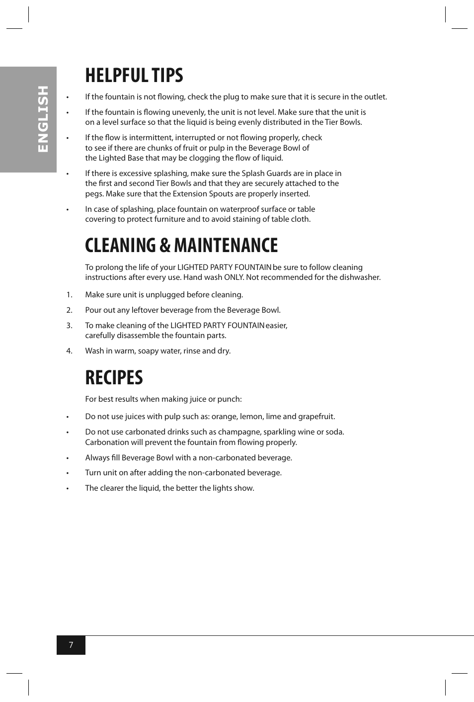 Helpful tips, Cleaning & maintenance, Recipes | En g li s h | Nostalgia Electrics LPF210 User Manual | Page 9 / 26