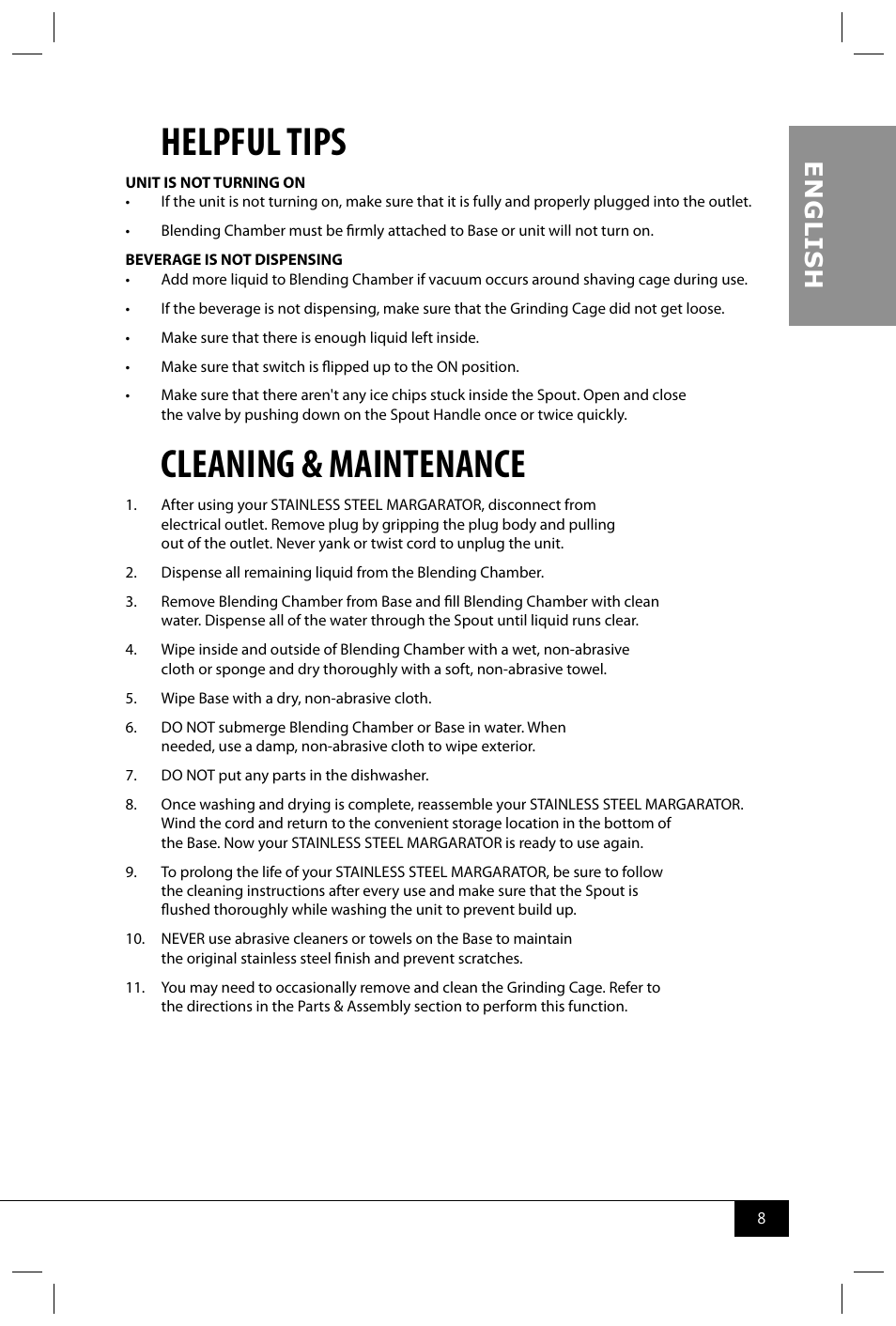 Helpful tips, Cleaning & maintenance, En g li s h | Nostalgia Electrics HSB590 User Manual | Page 10 / 38