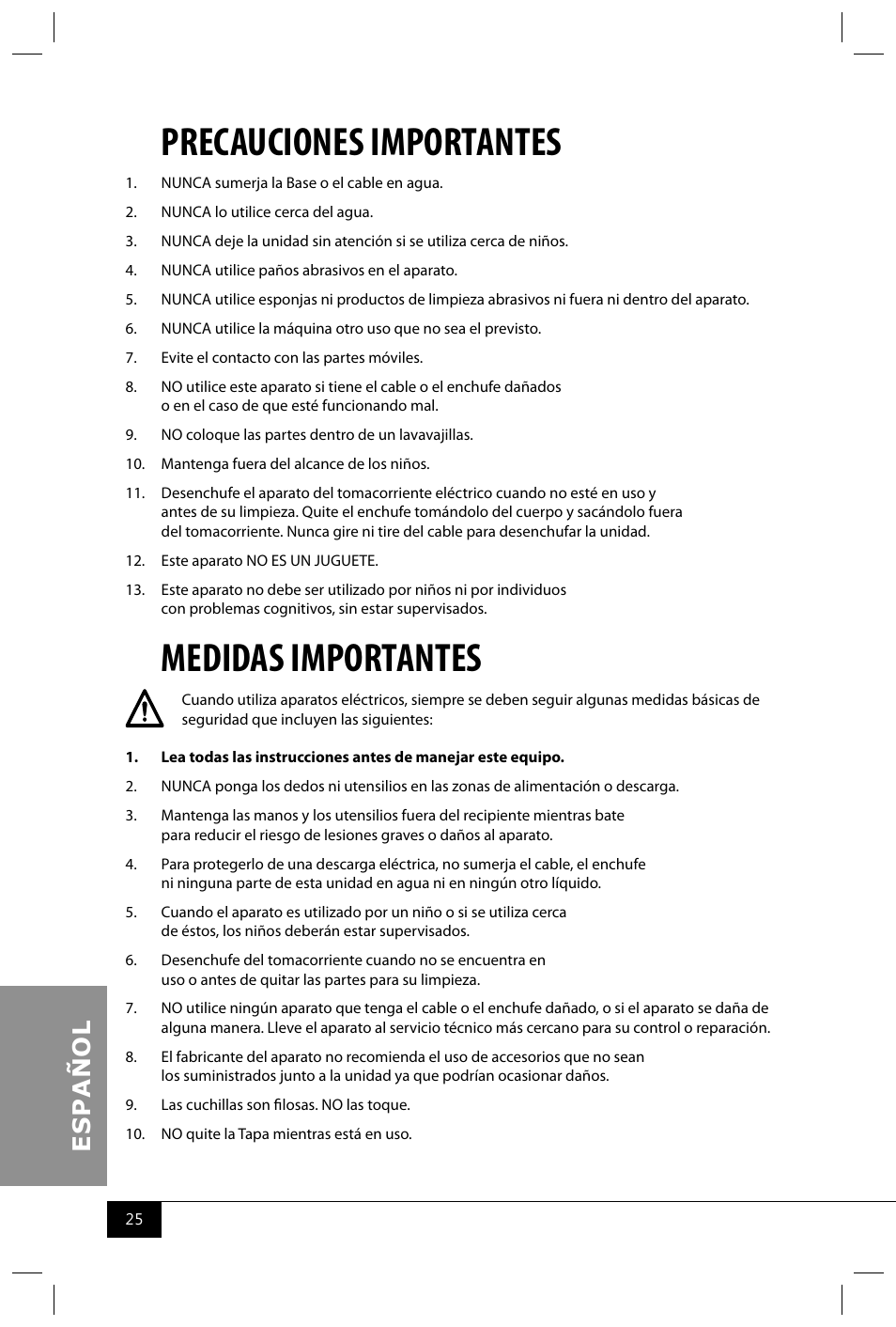 Precauciones importantes, Medidas importantes | Nostalgia Electrics HSB590 User Manual | Page 27 / 38