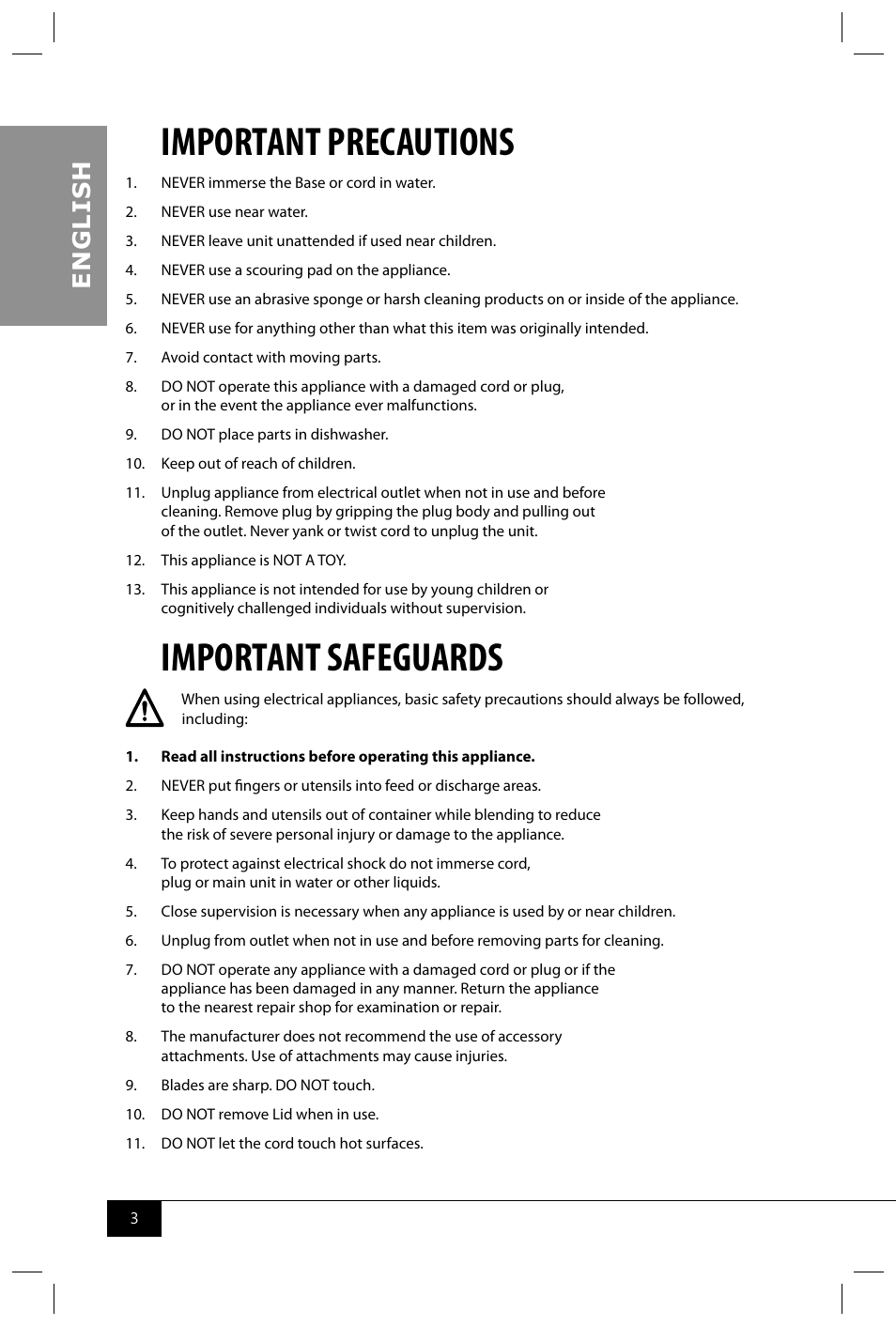 Important precautions, Important safeguards, En g li s h | Nostalgia Electrics HSB590 User Manual | Page 5 / 38