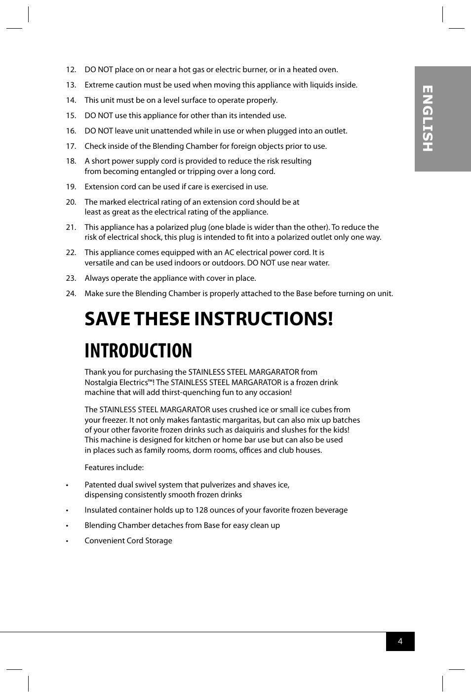 Introduction, Save these instructions, En g li s h | Nostalgia Electrics HSB590 User Manual | Page 6 / 38