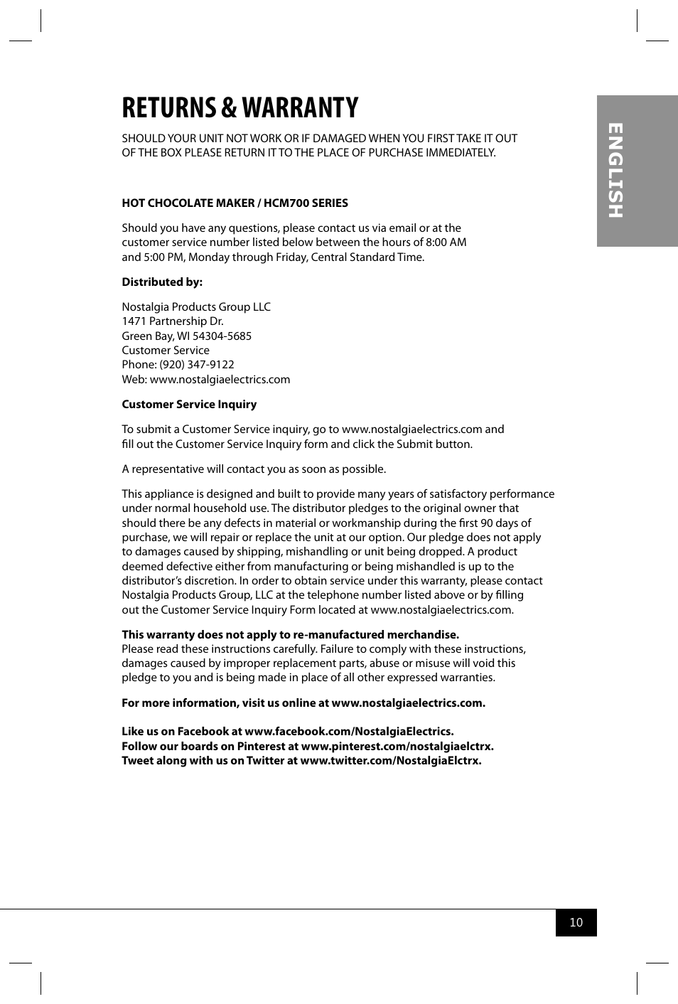 Returns & warranty, En g li s h | Nostalgia Electrics HCM700 SERIES User Manual | Page 12 / 32