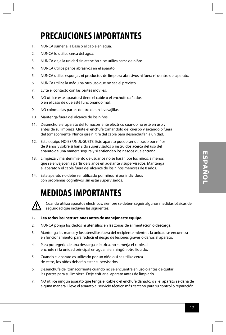 Precauciones importantes, Medidas importantes | Nostalgia Electrics HCM700 SERIES User Manual | Page 14 / 32