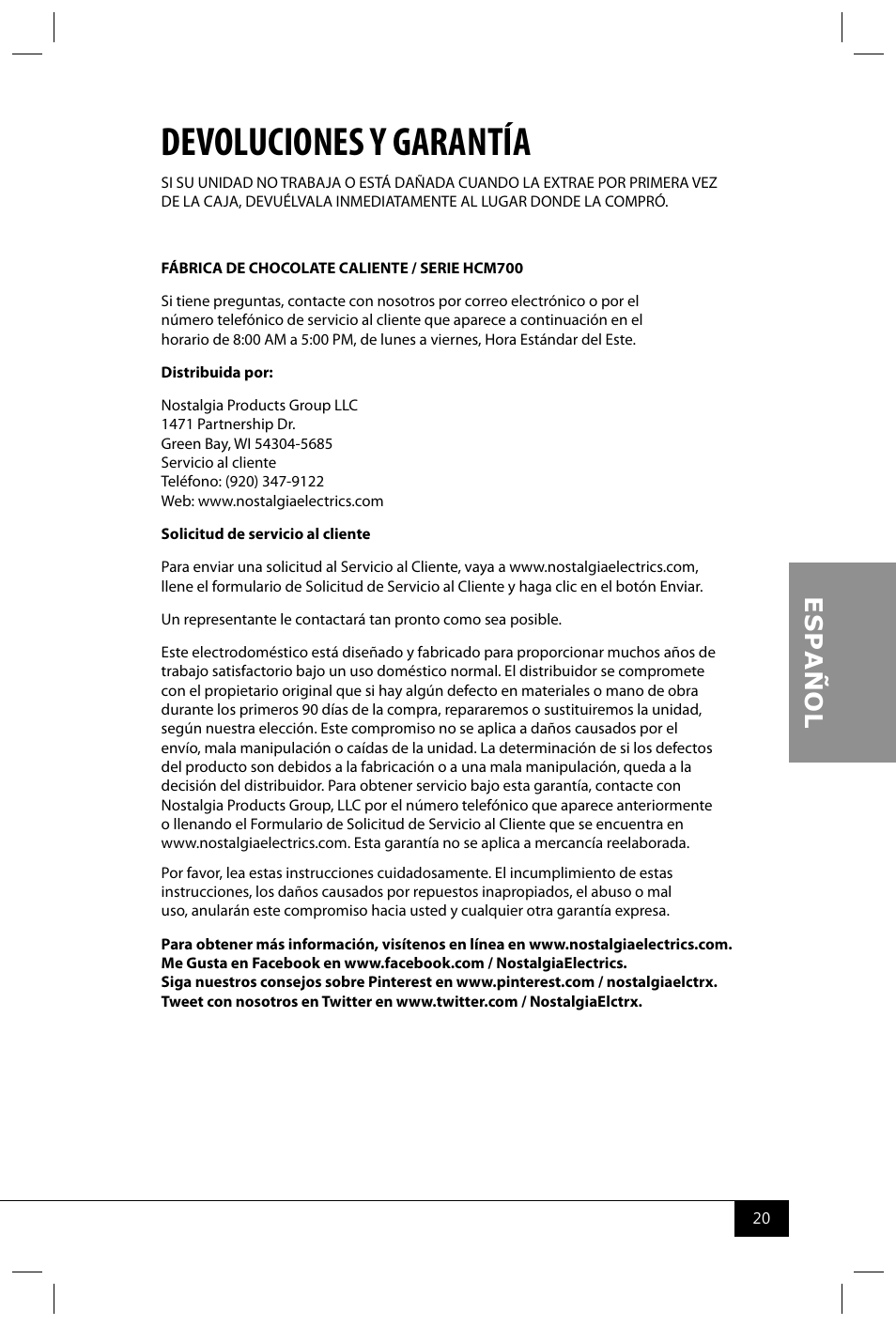 Devoluciones y garantía | Nostalgia Electrics HCM700 SERIES User Manual | Page 22 / 32