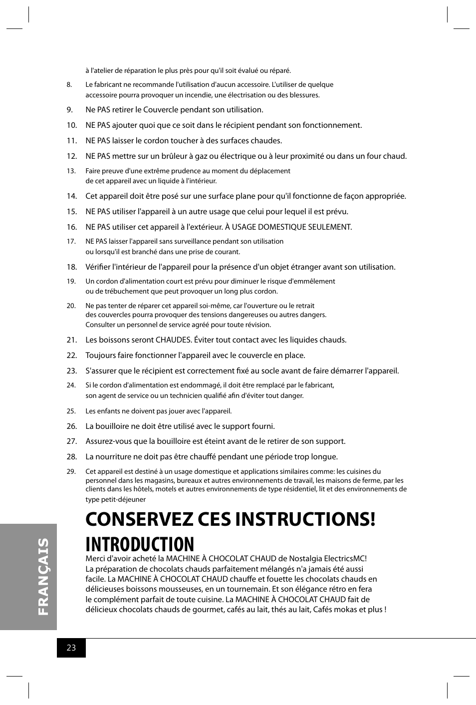 Introduction, Conservez ces instructions | Nostalgia Electrics HCM700 SERIES User Manual | Page 25 / 32