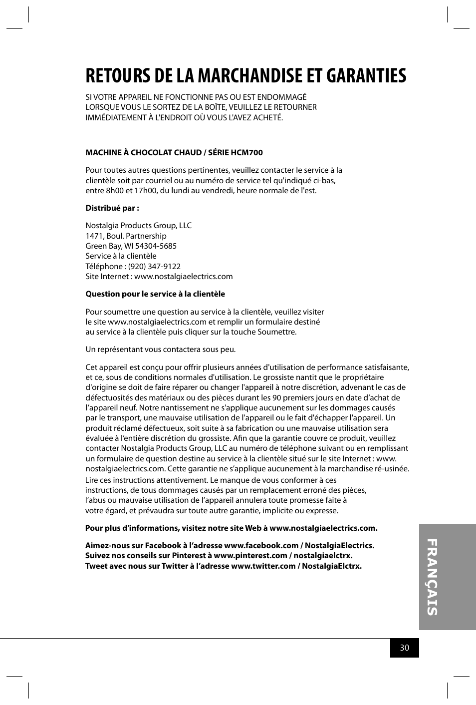 Retours de la marchandise et garanties | Nostalgia Electrics HCM700 SERIES User Manual | Page 32 / 32