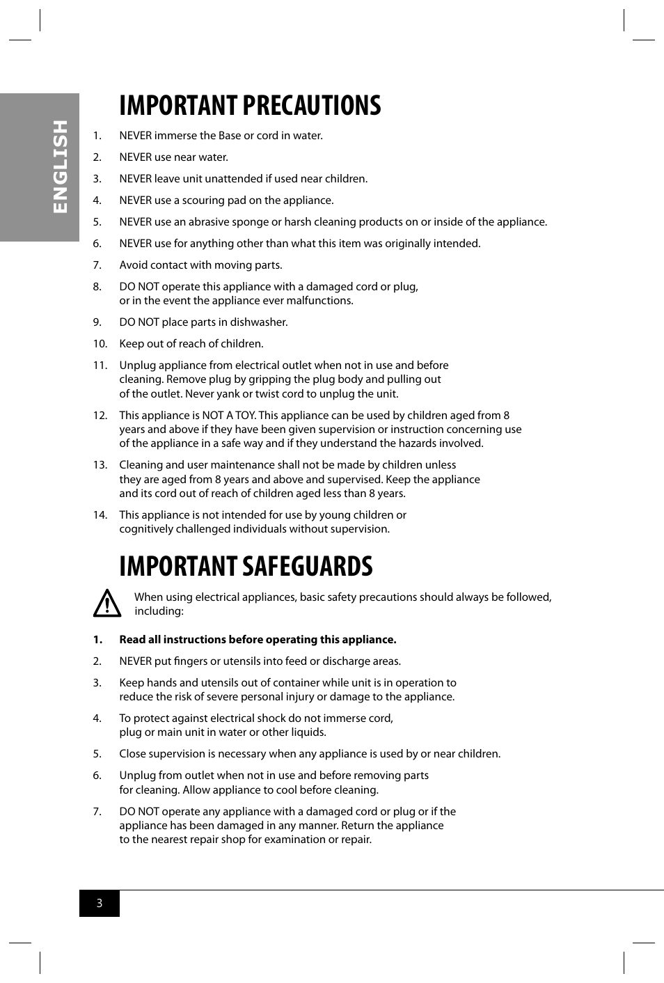 Important precautions, Important safeguards, En g li s h | Nostalgia Electrics HCM700 SERIES User Manual | Page 5 / 32