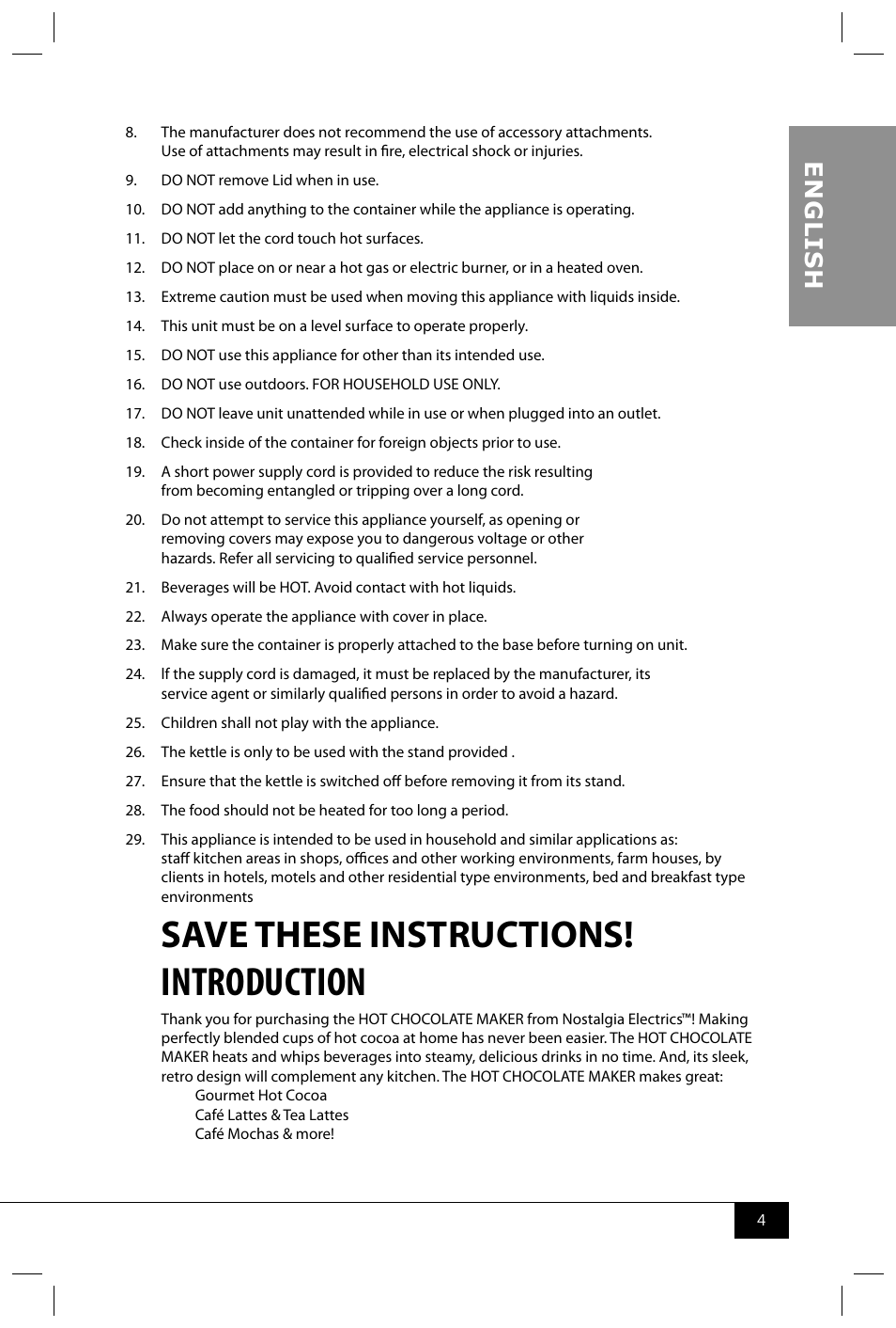 Introduction, Save these instructions, En g li s h | Nostalgia Electrics HCM700 SERIES User Manual | Page 6 / 32