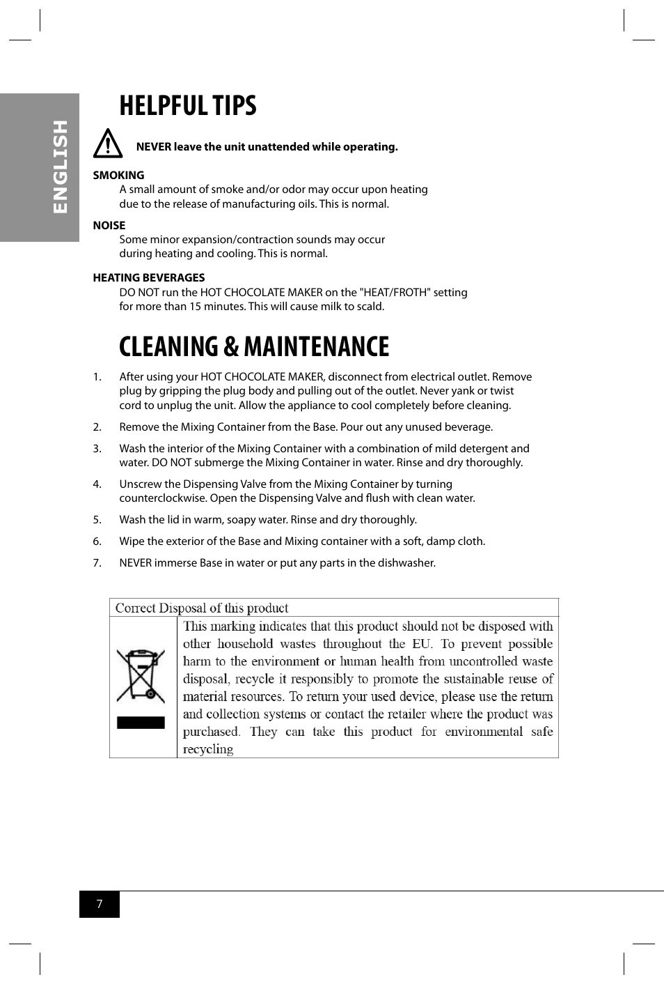 Helpful tips, Cleaning & maintenance, En g li s h | Nostalgia Electrics HCM700 SERIES User Manual | Page 9 / 32