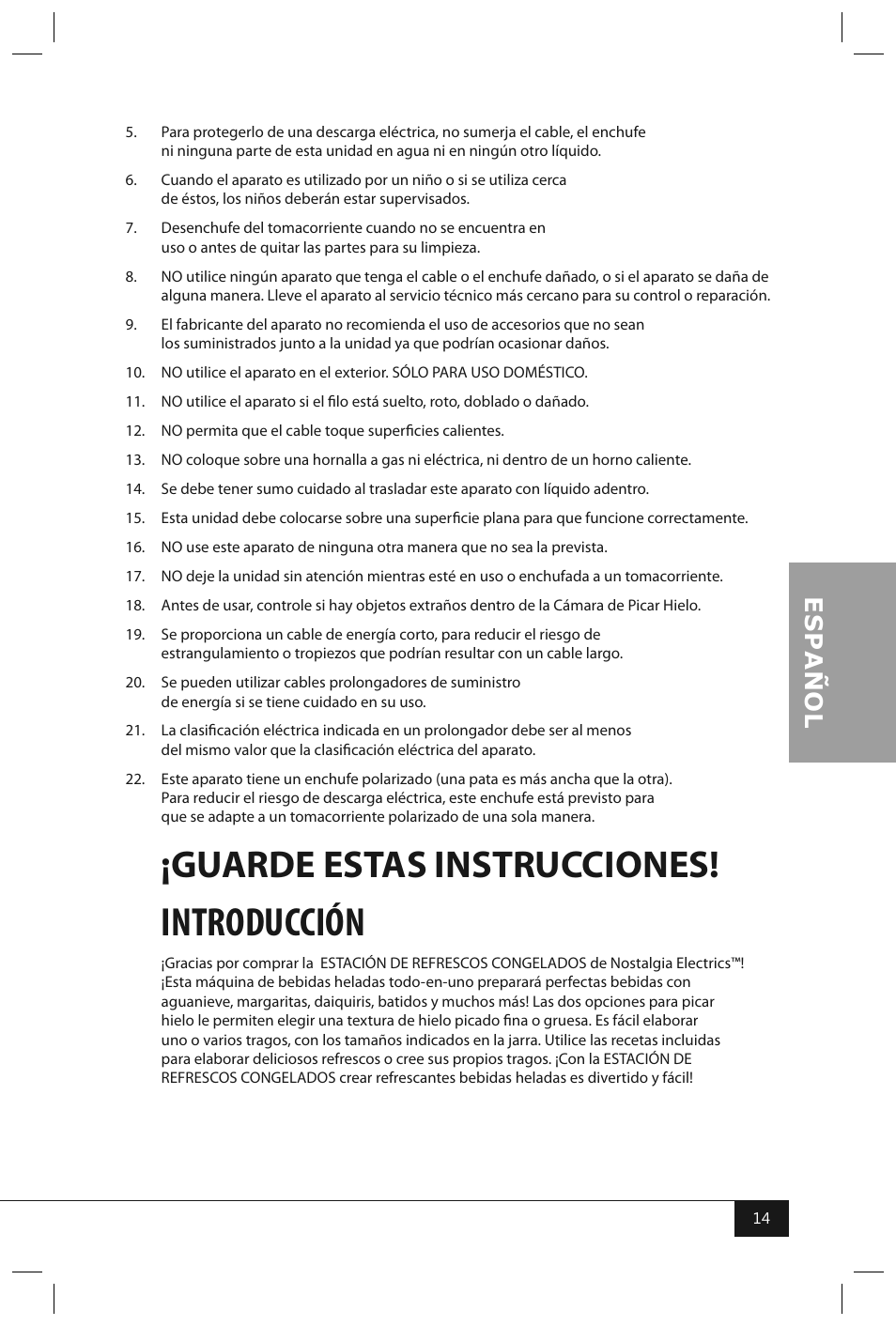 Introducción, Guarde estas instrucciones | Nostalgia Electrics FBS400 RETRO RED User Manual | Page 16 / 34