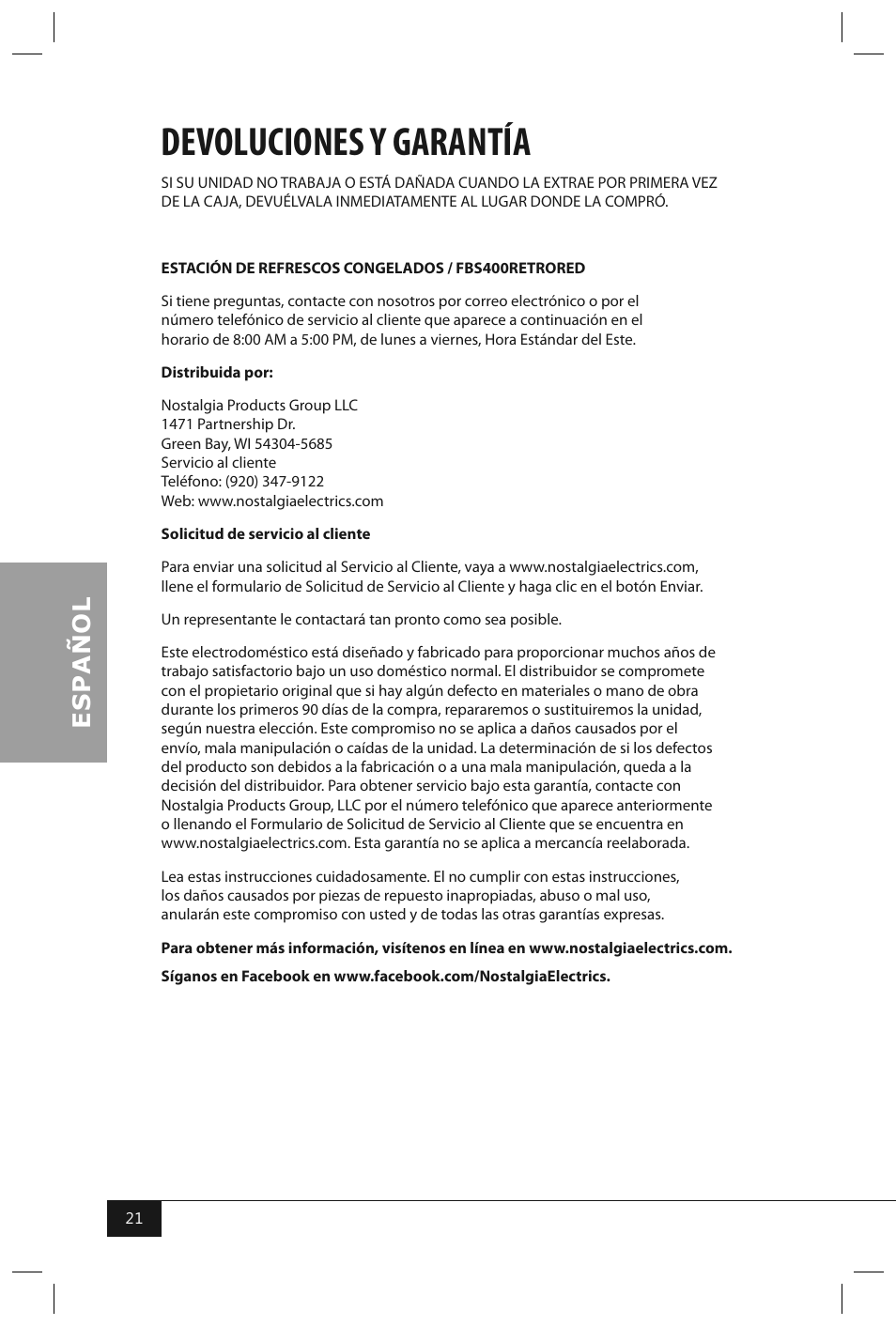 Devoluciones y garantía | Nostalgia Electrics FBS400 RETRO RED User Manual | Page 23 / 34