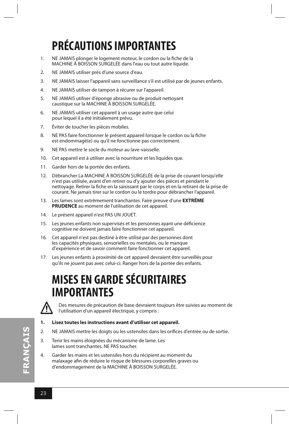 Précautions importantes, Mises en garde sécuritaires importantes | Nostalgia Electrics FBS400 RETRO RED User Manual | Page 25 / 34