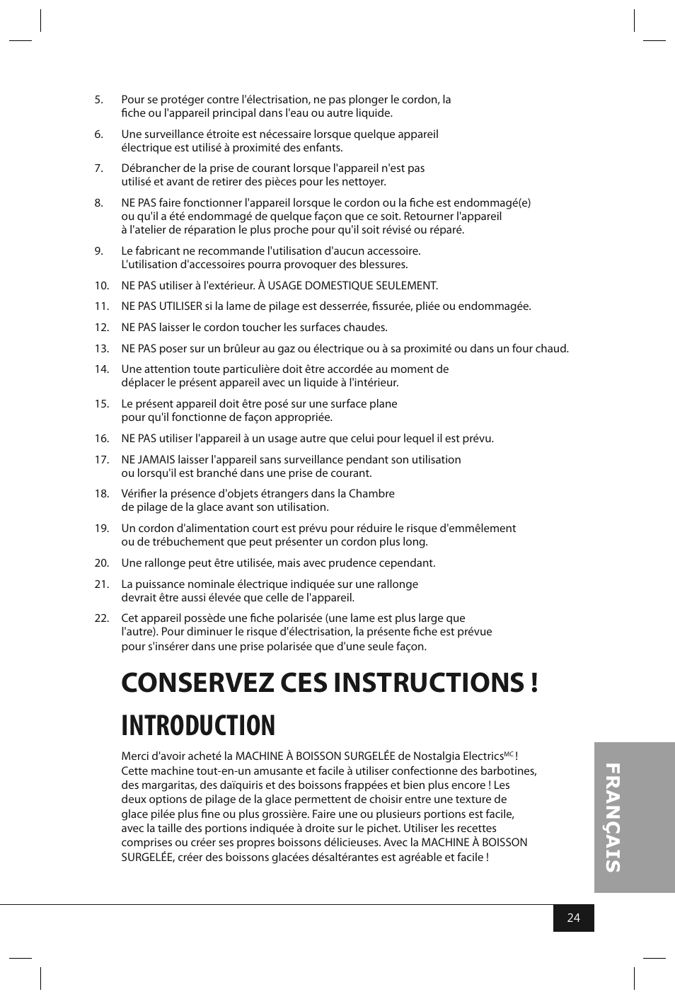 Introduction, Conservez ces instructions | Nostalgia Electrics FBS400 RETRO RED User Manual | Page 26 / 34