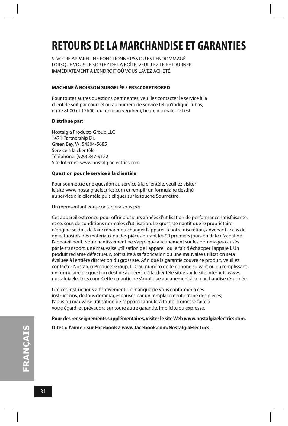 Retours de la marchandise et garanties | Nostalgia Electrics FBS400 RETRO RED User Manual | Page 33 / 34