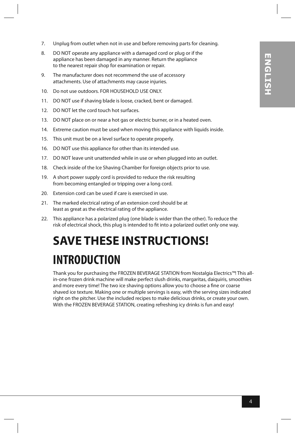 Introduction, Save these instructions, En g li s h | Nostalgia Electrics FBS400 RETRO RED User Manual | Page 6 / 34