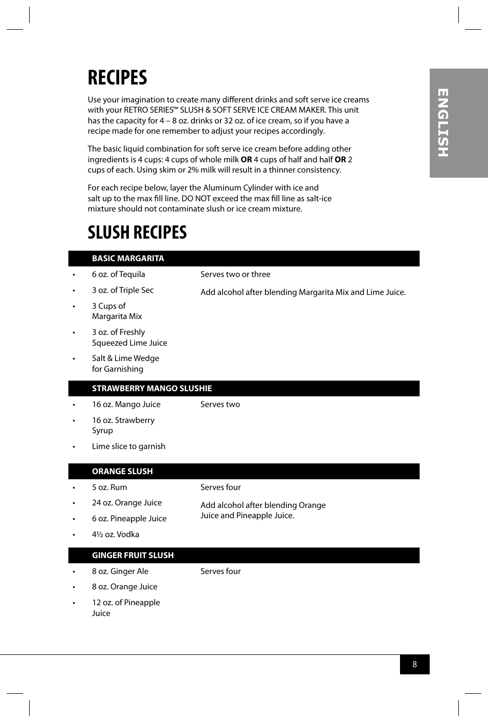 Recipes, Slush recipes, En g li s h | Nostalgia Electrics RSM850 User Manual | Page 10 / 12