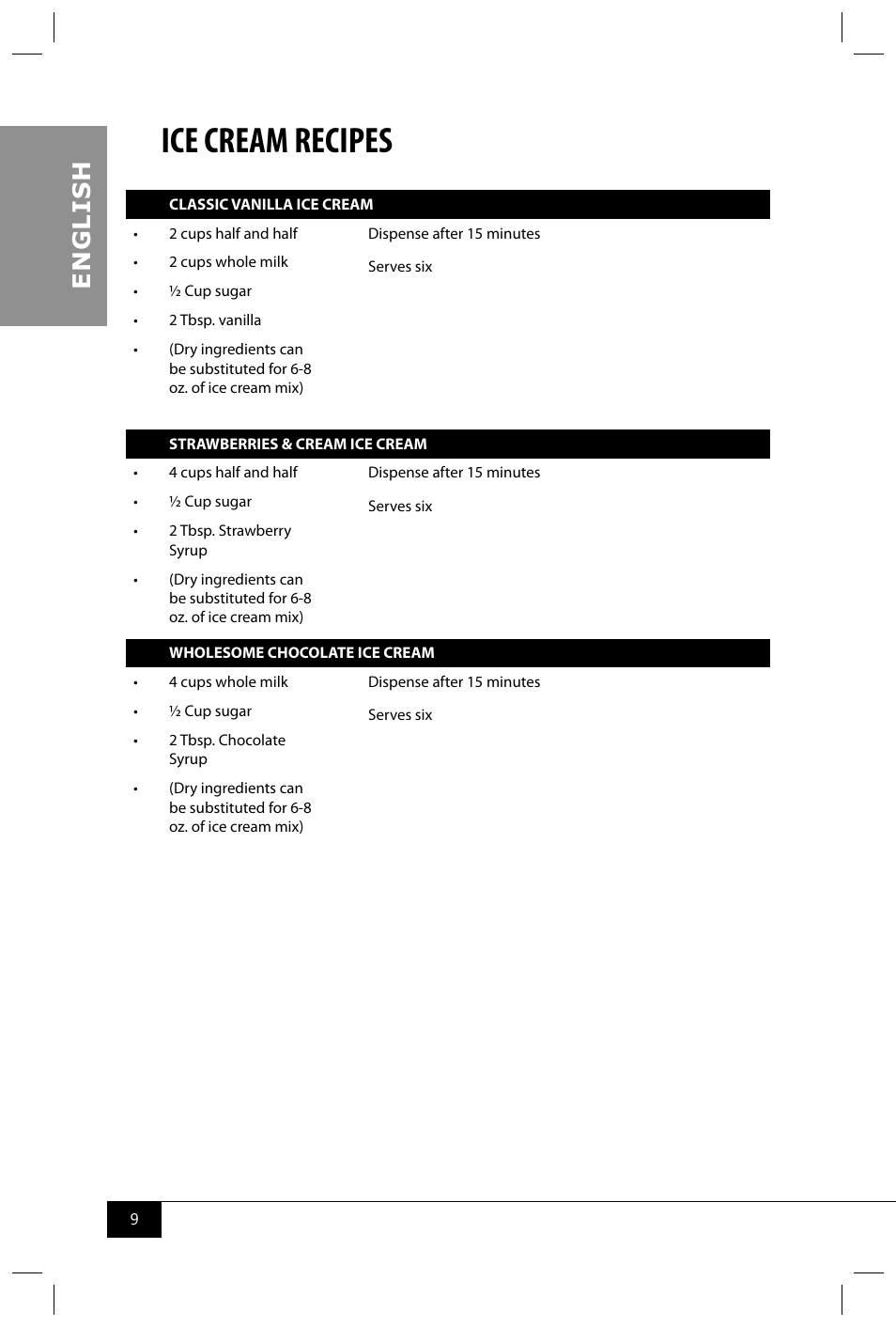 Ice cream recipes, En g li s h | Nostalgia Electrics RSM850 User Manual | Page 11 / 12