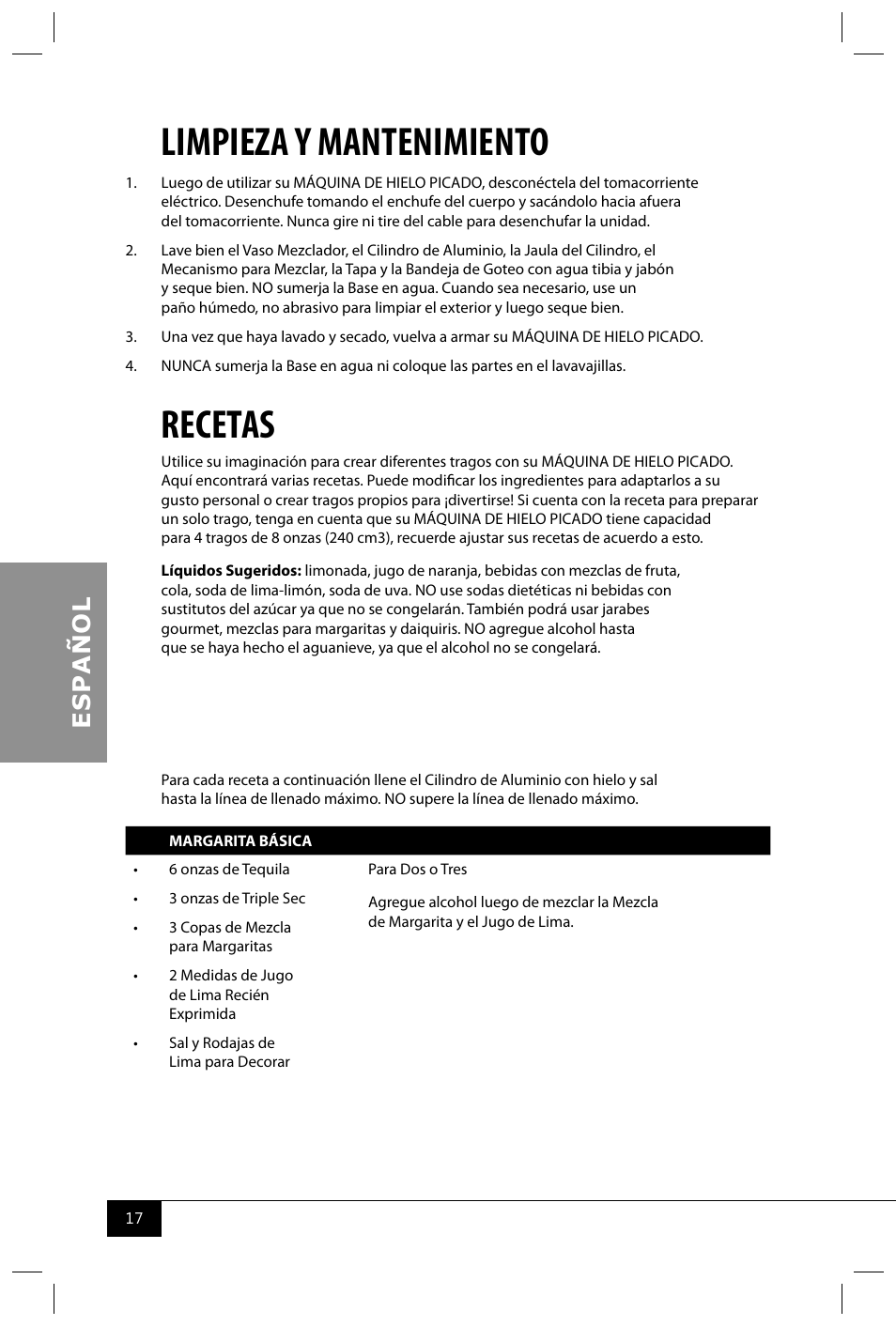 Limpieza y mantenimiento, Recetas | Nostalgia Electrics RSM650 User Manual | Page 19 / 32