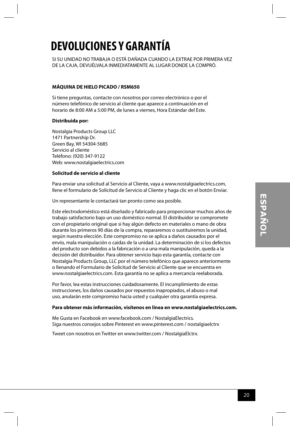 Devoluciones y garantía | Nostalgia Electrics RSM650 User Manual | Page 22 / 32