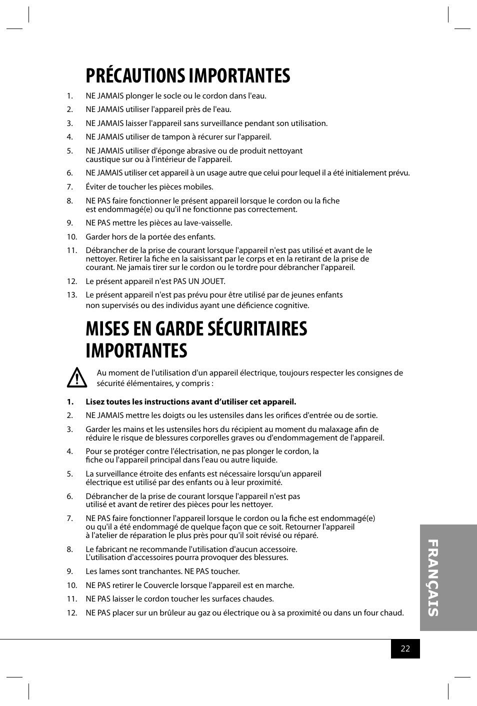 Précautions importantes, Mises en garde sécuritaires importantes | Nostalgia Electrics RSM650 User Manual | Page 24 / 32