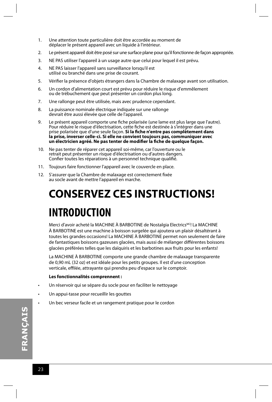 Introduction, Conservez ces instructions | Nostalgia Electrics RSM650 User Manual | Page 25 / 32