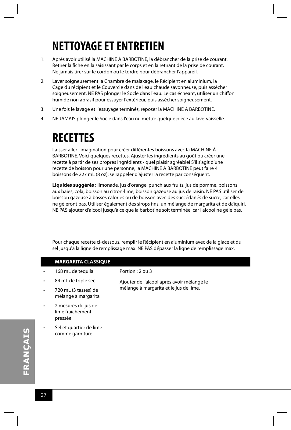 Nettoyage et entretien, Recettes | Nostalgia Electrics RSM650 User Manual | Page 29 / 32