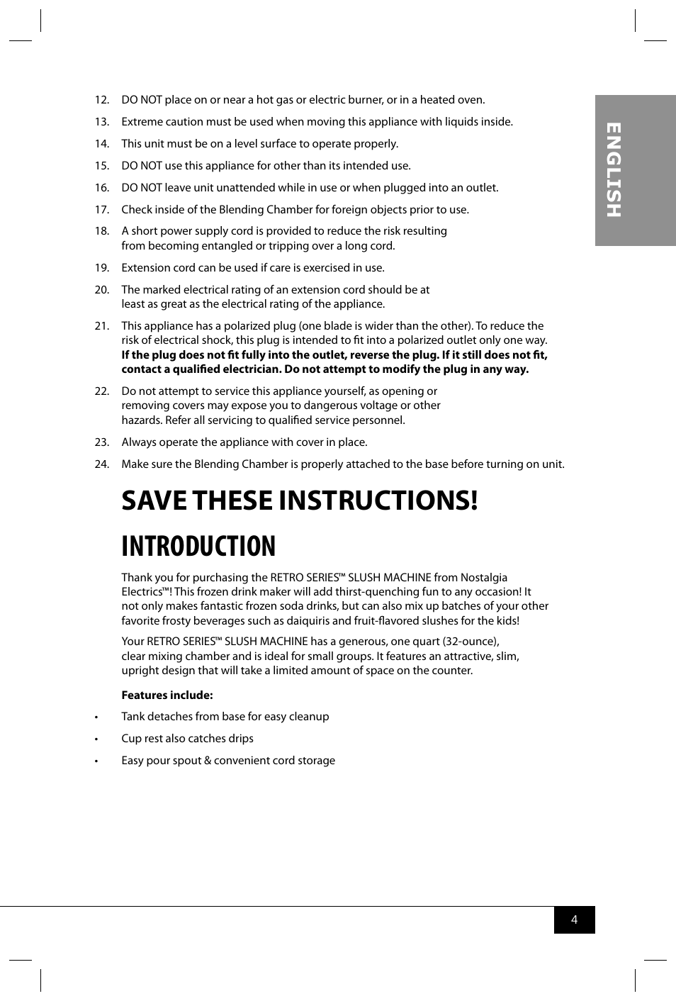 Introduction, Save these instructions, En g li s h | Nostalgia Electrics RSM650 User Manual | Page 6 / 32