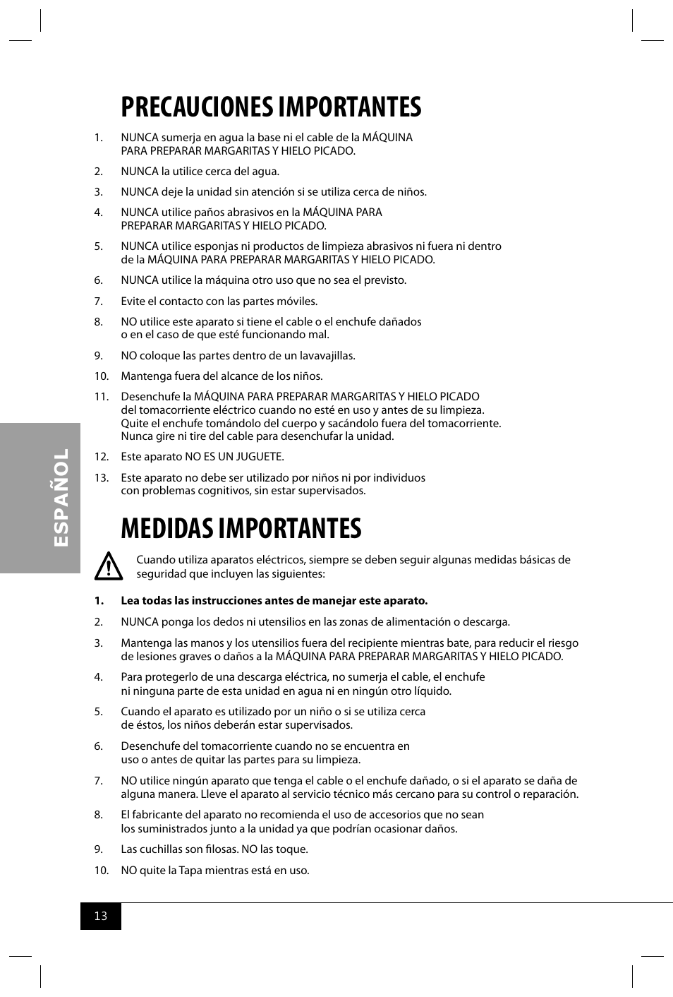 Precauciones importantes, Medidas importantes | Nostalgia Electrics MSB64 SERIES User Manual | Page 15 / 34