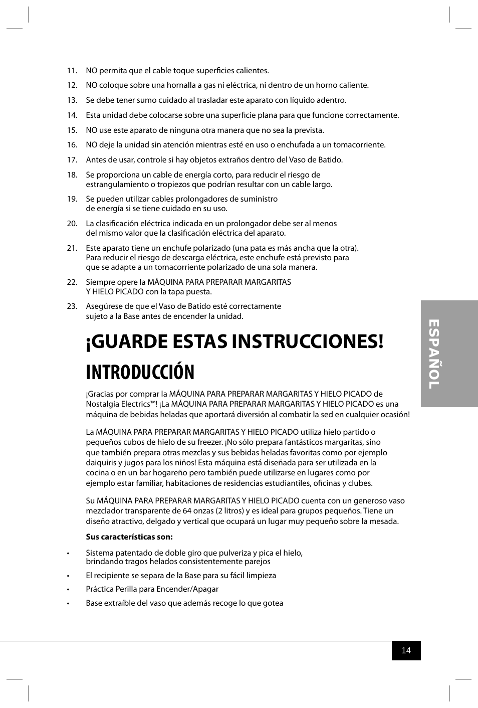 Introducción, Guarde estas instrucciones | Nostalgia Electrics MSB64 SERIES User Manual | Page 16 / 34