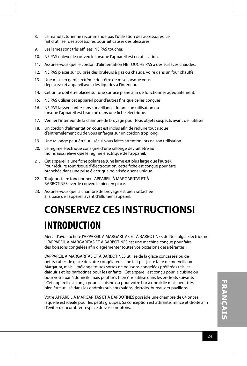 Introduction, Conservez ces instructions | Nostalgia Electrics MSB64 SERIES User Manual | Page 26 / 34