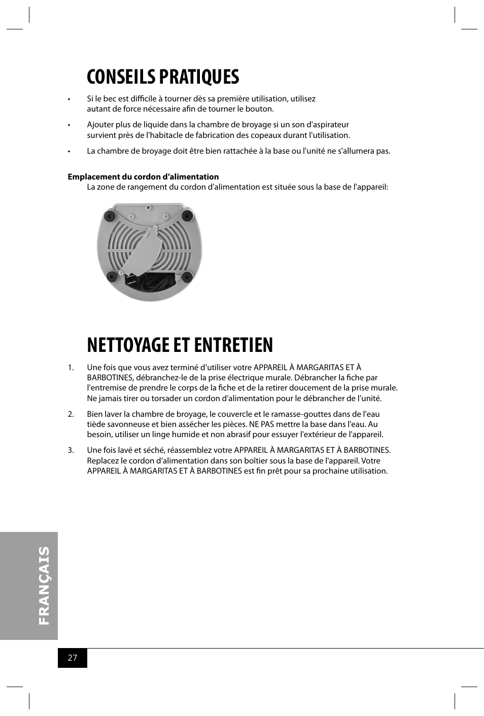 Conseils pratiques, Nettoyage et entretien | Nostalgia Electrics MSB64 SERIES User Manual | Page 29 / 34