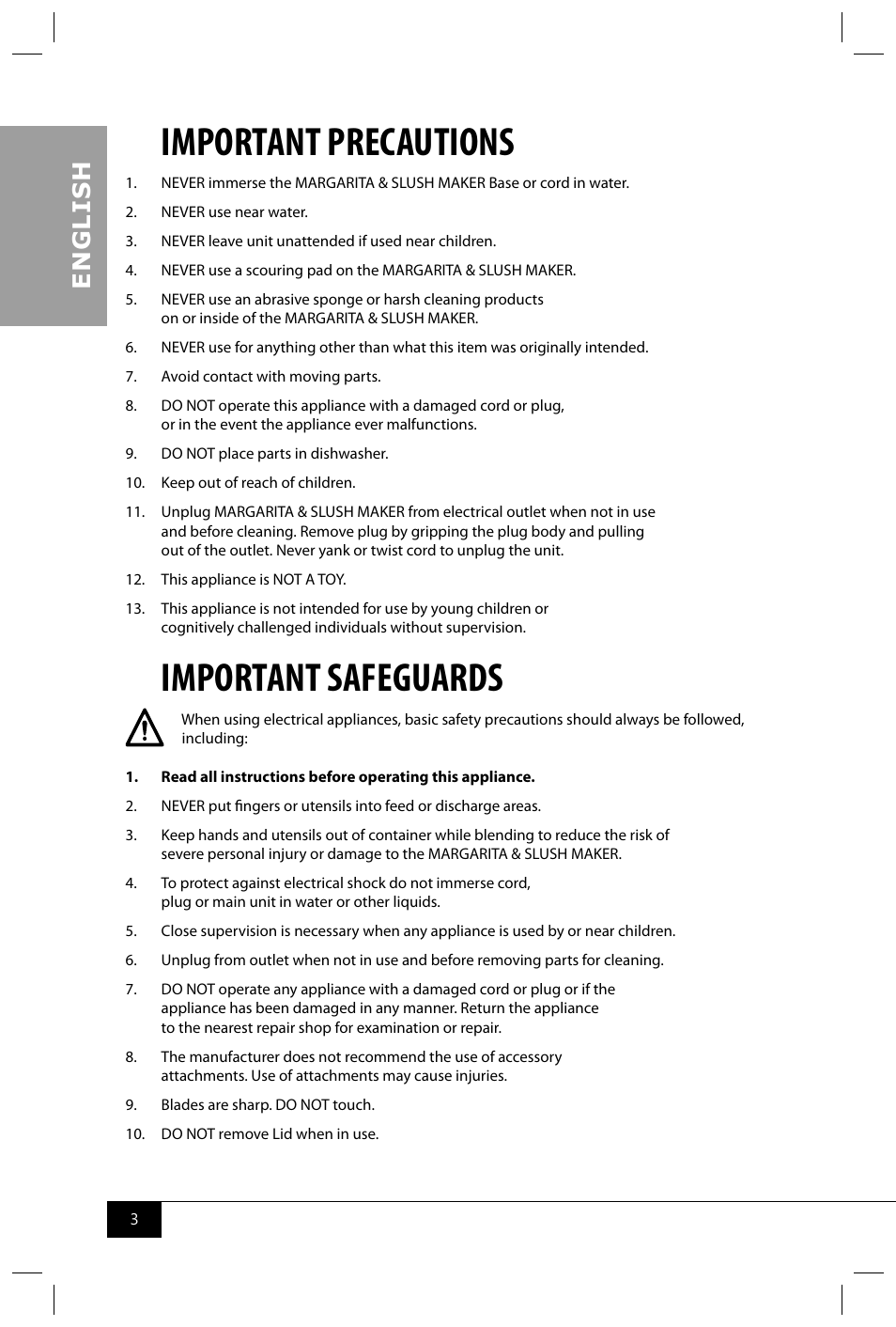 Important precautions, Important safeguards, En g li s h | Nostalgia Electrics MSB64 SERIES User Manual | Page 5 / 34