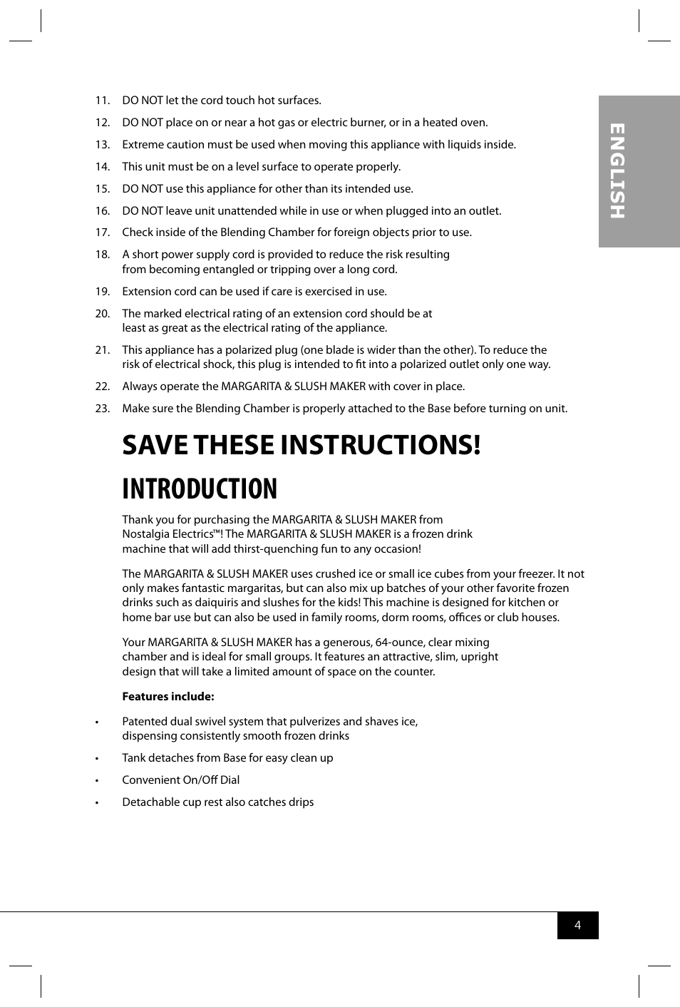 Introduction, Save these instructions, En g li s h | Nostalgia Electrics MSB64 SERIES User Manual | Page 6 / 34