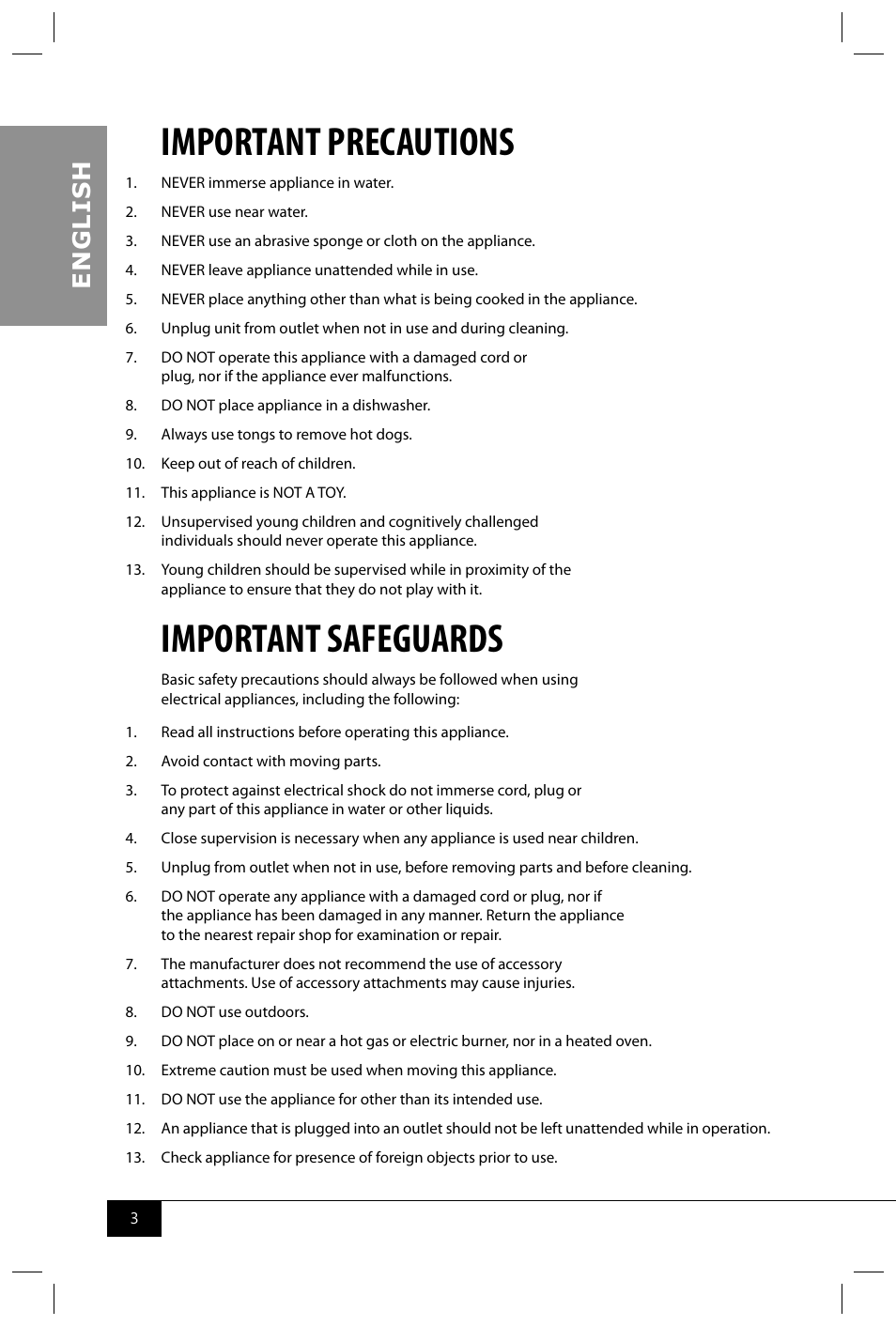 Important precautions, Important safeguards, En g li s h | Nostalgia Electrics RHDT700 User Manual | Page 5 / 12